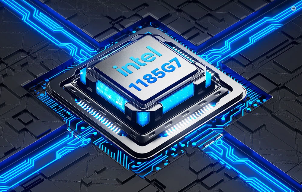 An Intel 1185G7 processor mounted on a motherboard with backlit traces.