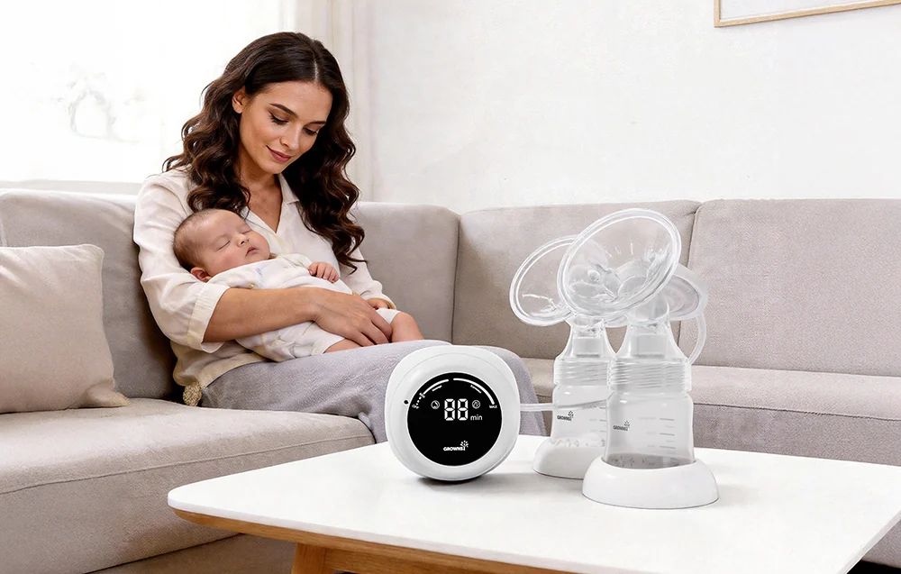 A woman is sitting on a sofa holding a sleeping baby, and there are two breast pumps with a control panel on the table in front of her.