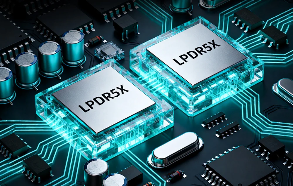 Close-up of two LPDDR5X RAM chips on a black motherboard, illuminated in blue with visible signal paths.