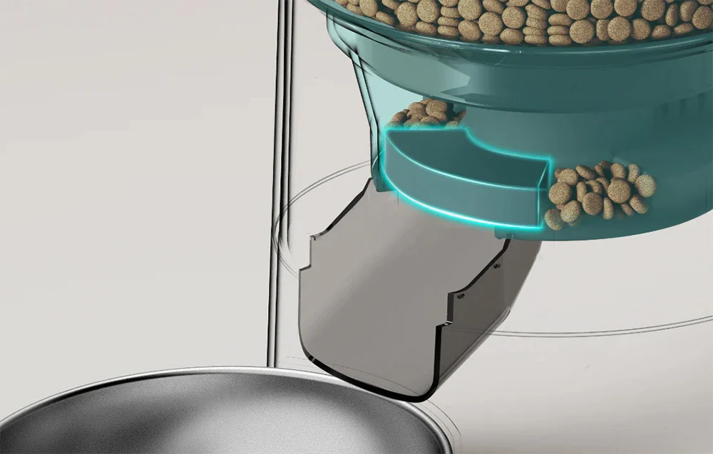 Cross-section of the automatic feeder’s hopper showing the mechanism for dispensing dry food into the bowl