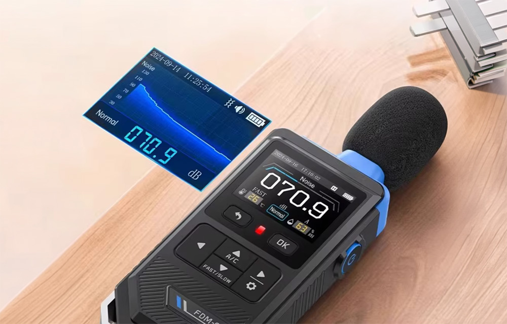 Digital sound level meter on a desk with an additional graphic display showing a noise graph