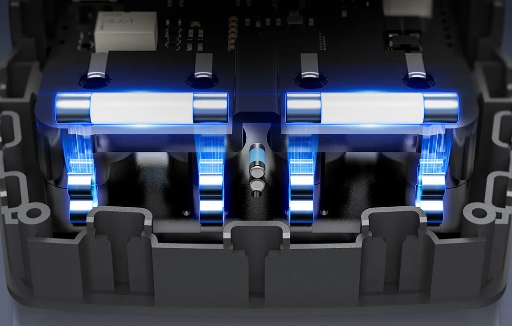 Inside the case with blue-illuminated fuses and visible electrical connections.