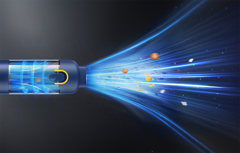 A diagram of the car vacuum cleaner’s operation showing a powerful airflow removing fine debris.