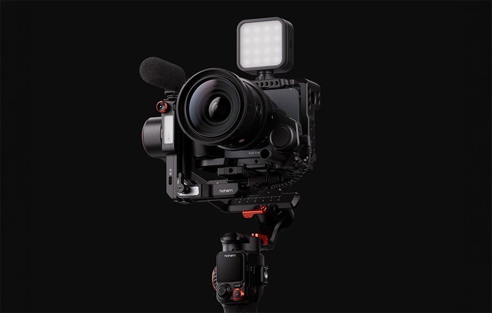 iSteady Hohem gimbal with attached camera on a black background