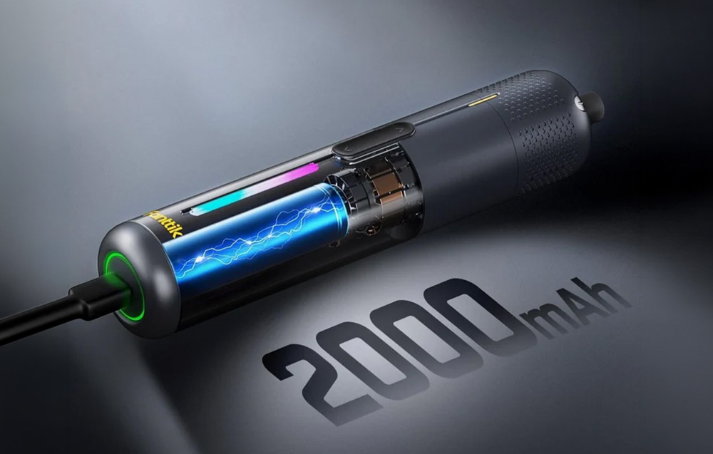 Cross-section of a cordless screwdriver showing the motor and a 2000 mAh battery
