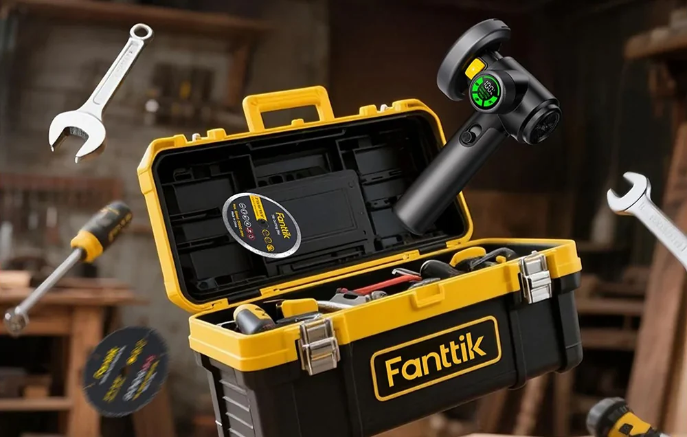 Cordless angle grinder falling out of a toolbox