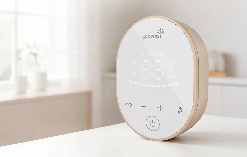 Close-up of the white breast pump control panel with a display and touch buttons
