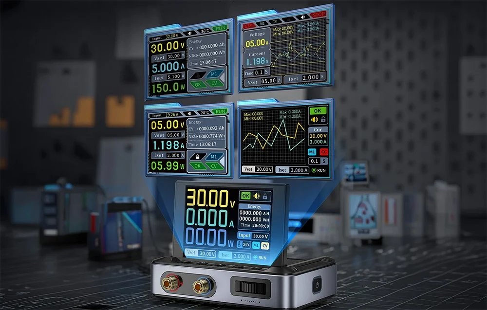 An adjustable power supply with a screen and four different views of the measurement interface displayed above it.