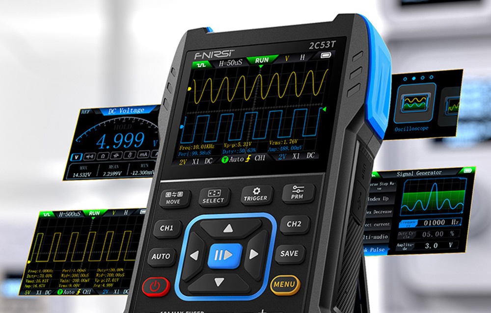 The measuring instrument with a waveform display and buttons is surrounded by floating screens showing additional measurement functions.