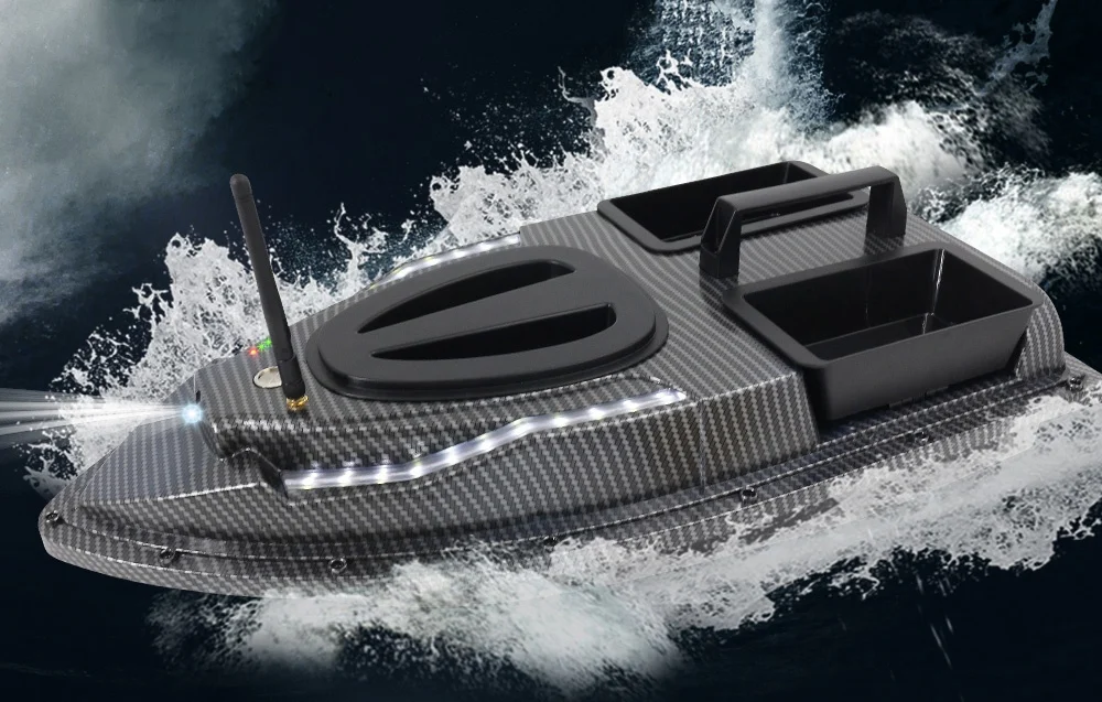 RC carbon fiber bait boat in full speed with white LED headlights and water fountain on dark water