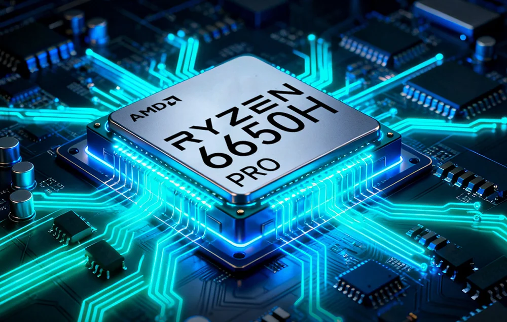 Top view of the AMD Ryzen 6650H PRO processor mounted in a socket, surrounded by glowing blue data lines.