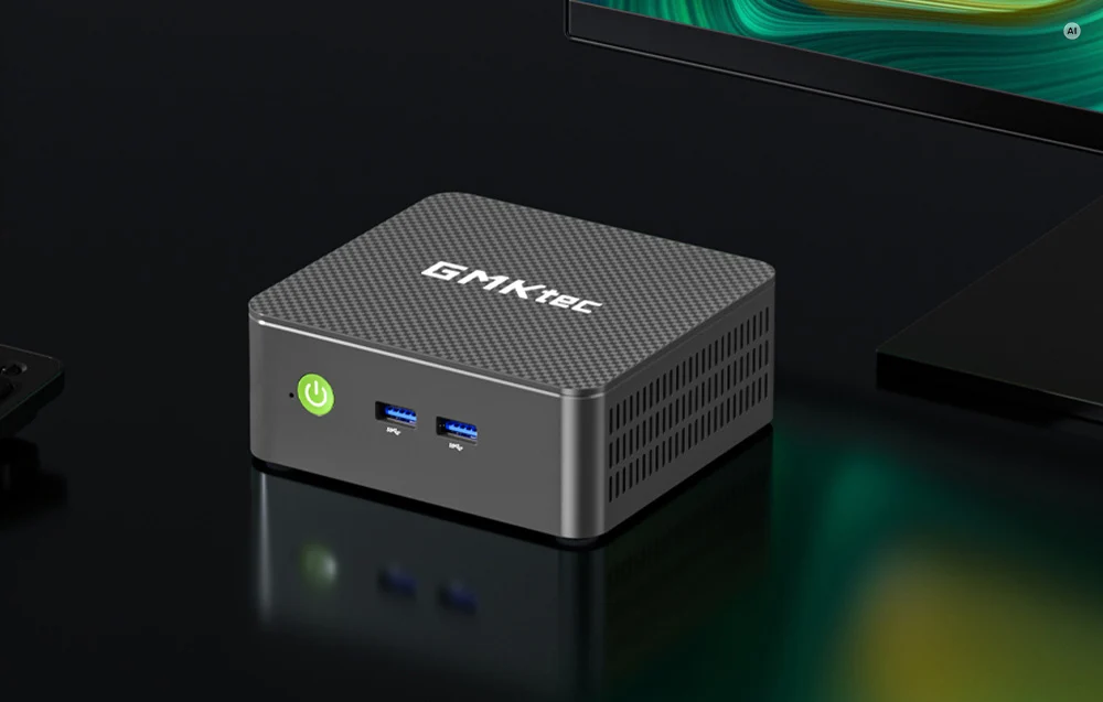 GMKtec Mini PC on a black desk with green backlighting, showing the front panel with a button and USB ports.