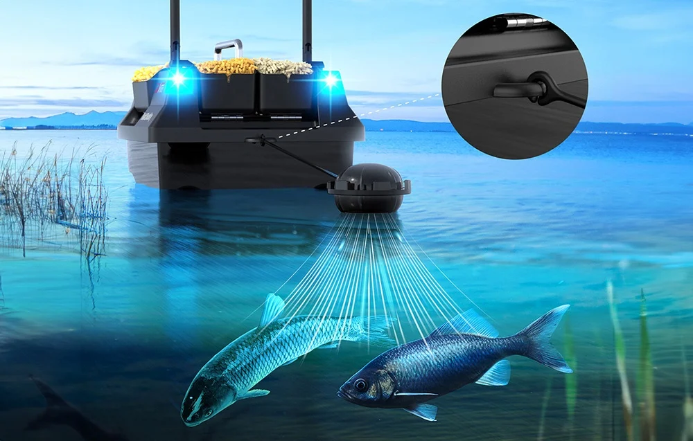 Bait boat with pellets and sonar scanning two fish underwater, blue sonar beams, connector in the corner