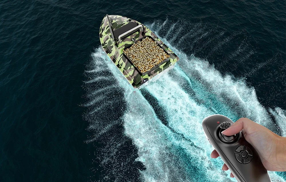 RC remote control of moro bait boat with bait, visible water marks behind the hull
