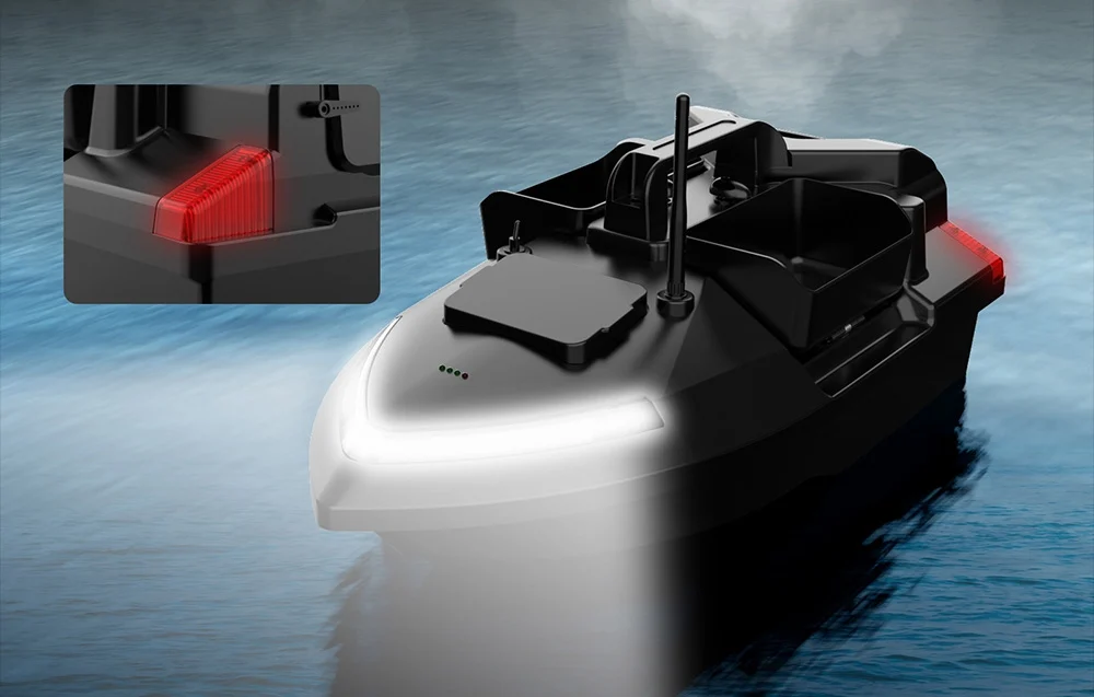 RC bait boat with red accent on water, close-up of red battery indicator in the corner