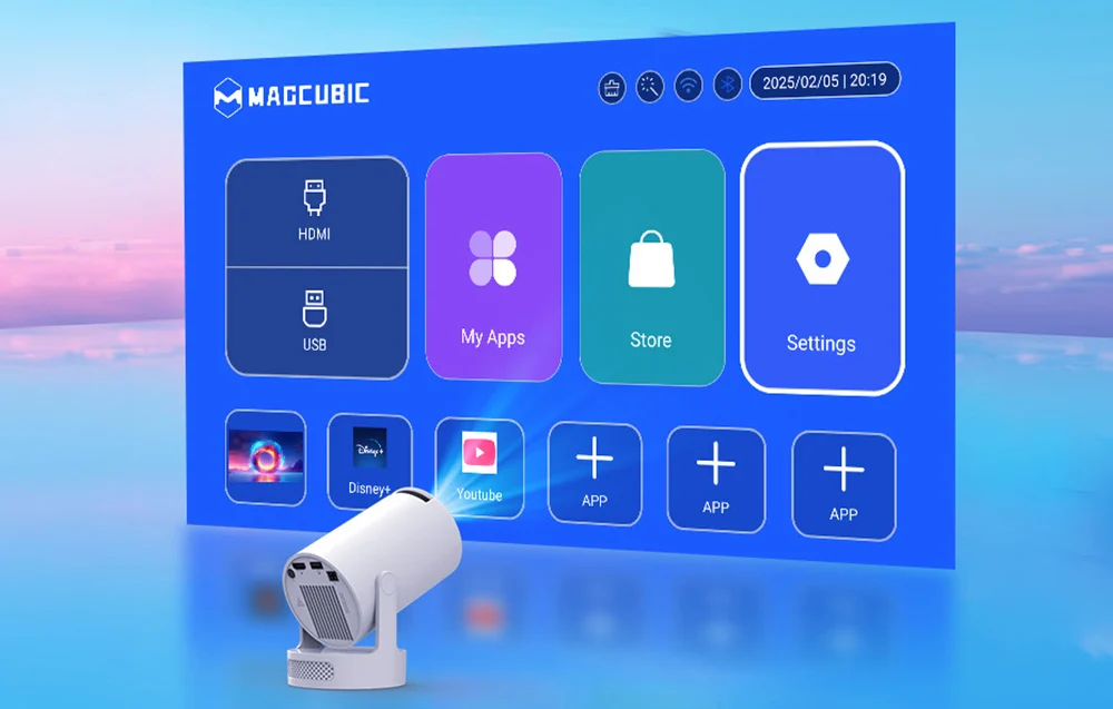 The Magcubic projector’s graphical menu interface with app icons such as YouTube, Disney+, and system settings