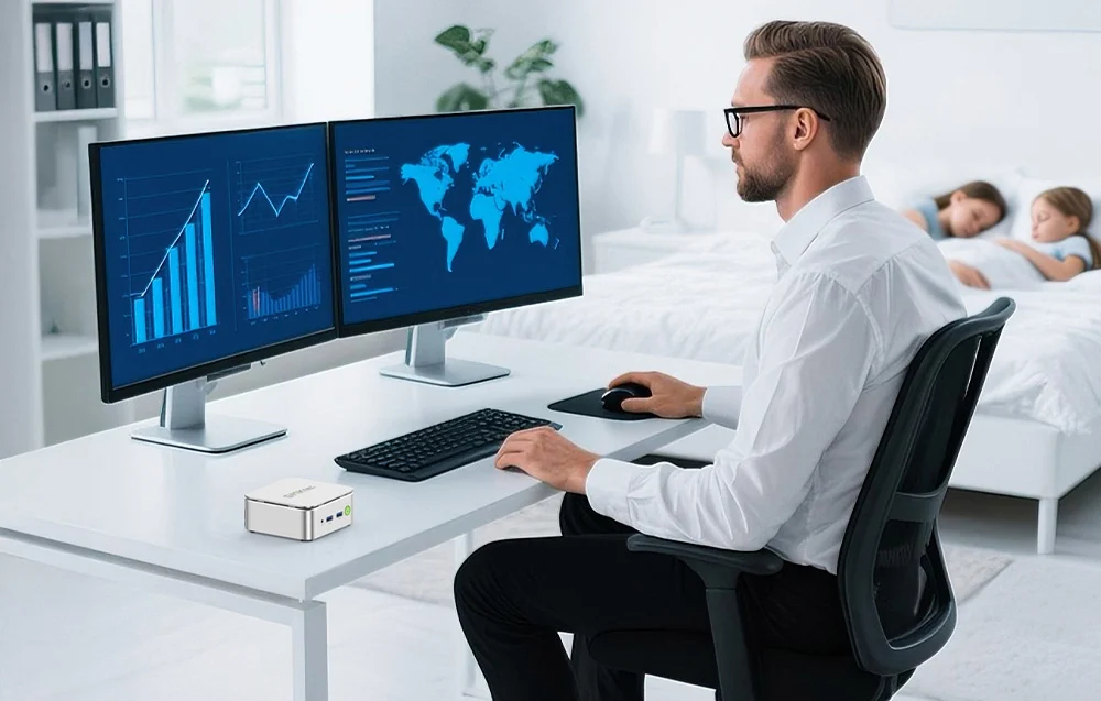 A man is working in front of a computer. The monitors display charts and a map.