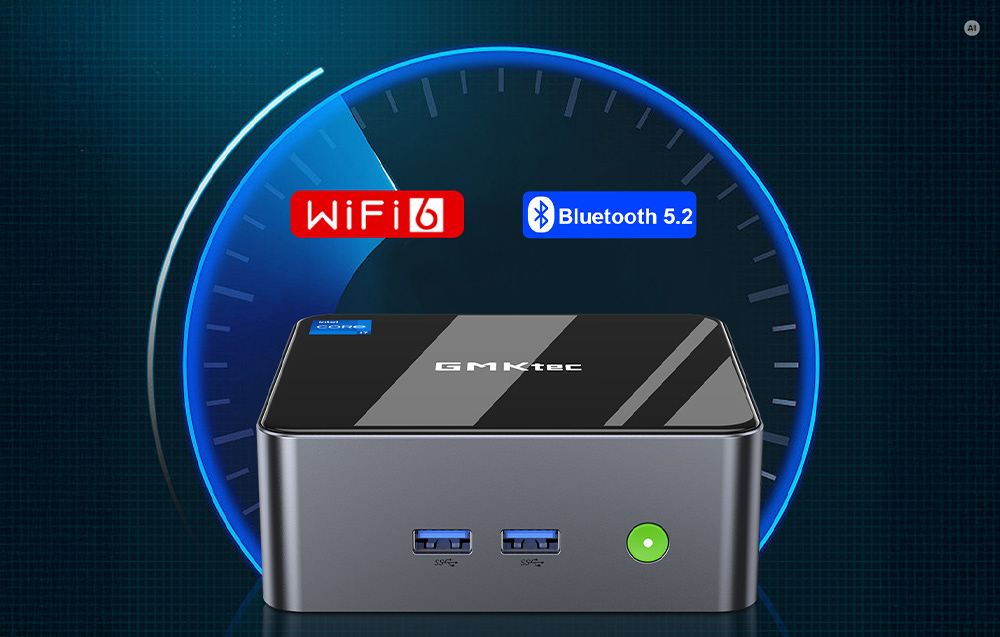 A GMKtec mini PC against a background featuring a speedometer graphic and the WiFi 6 and Bluetooth 5.2 logos.