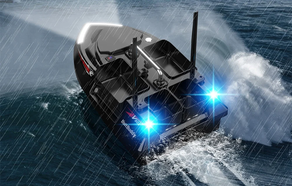 RC bait boat in storm with rain and blue LEDs, top view on black hull with water