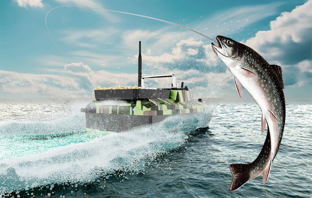 Moro bait boat in action with trout popping up on the hook, dramatic sky in the background