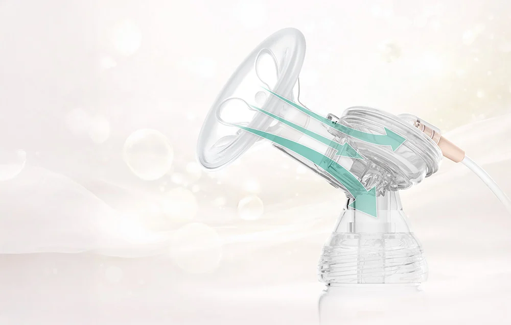Close-up of the upper part of the breast pump with the direction of air flow marked with arrows
