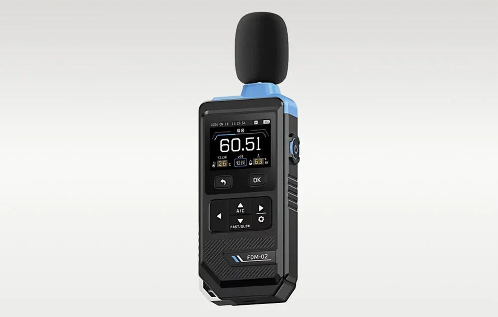 Professional FDM-02 noise meter with a color display and control buttons on a gray background