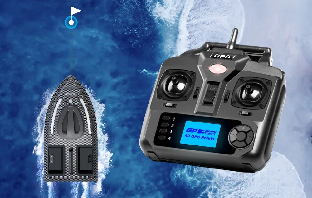 GPS remote control with 40 GPS Points display next to the carbon bait boat with white flag and dotted route line