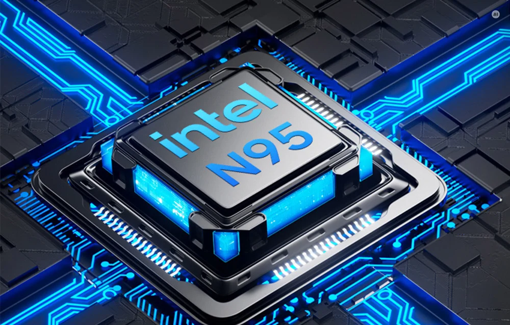 Processor labeled "Intel N95" mounted in a socket on a printed circuit board with glowing blue circuit traces.