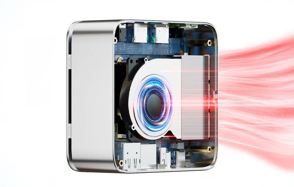 Mini PC cooling system on a white background.