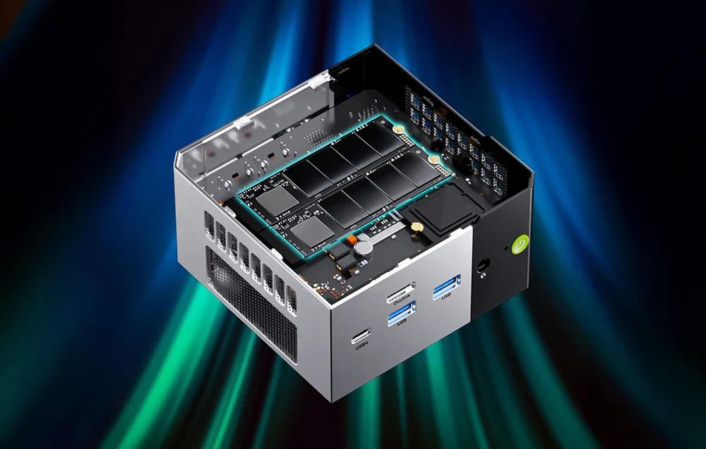 Cross-section of the mini PC case showing the interior with storage modules mounted on a black printed circuit board.