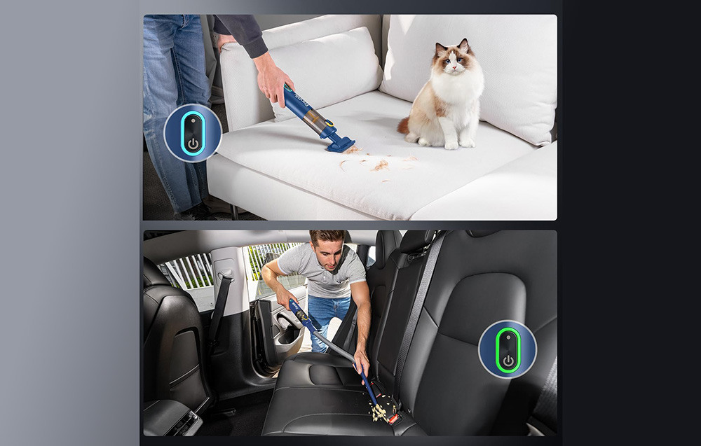 The Fanttik portable car vacuum cleaner removes pet hair from a white sofa and crumbs from the back seat of a car.