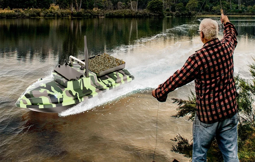 Angler remotely controlling moro bait boat, full bait containers on lake