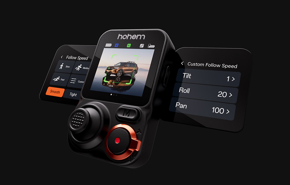 iSteady Hohem gimbal display showing a view of a car