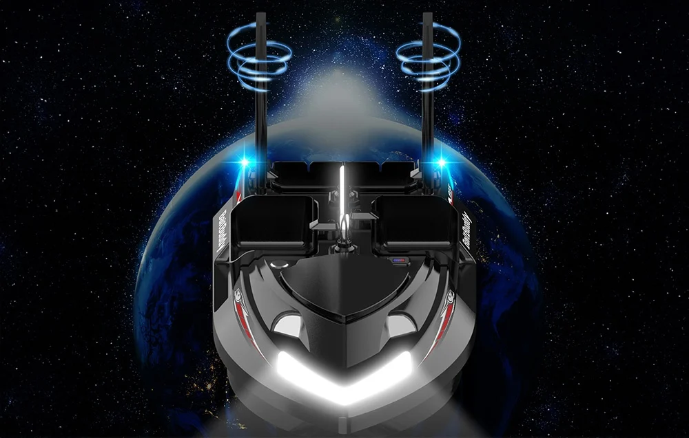 RC bait boat top view of the Earth in space, blue signal spirals over the antennas