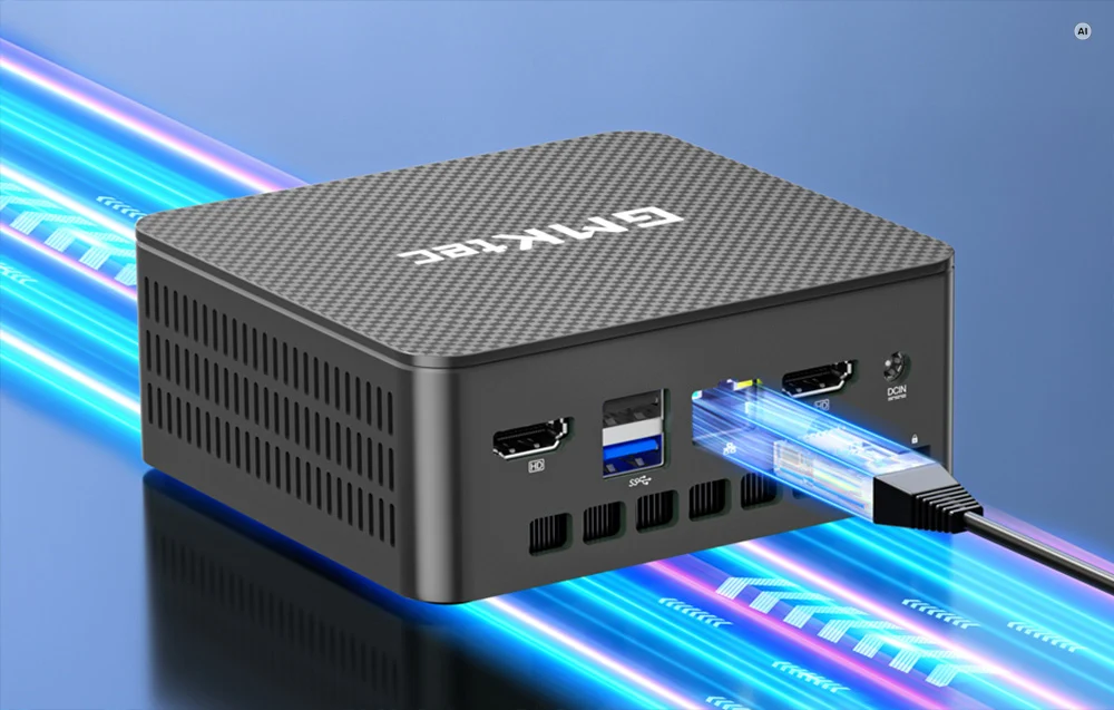 The GMKtec Mini PC with a connected network cable against a background of blue streaks of light; the side panel with HDMI and USB ports is visible.