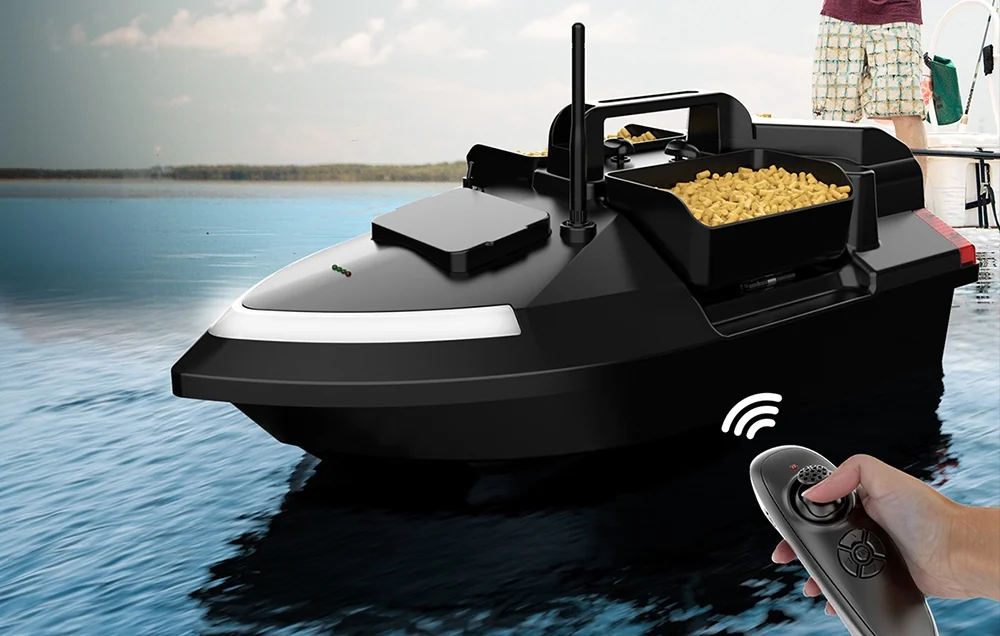 RC bait boat with pellets controlled by remote control on the lake, angler in the background, Wi-Fi symbol on the hull