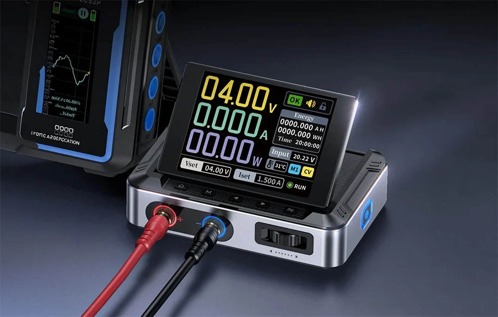 A silver power supply with a raised screen, two wires (red and black) in the jacks, and another device in the background.