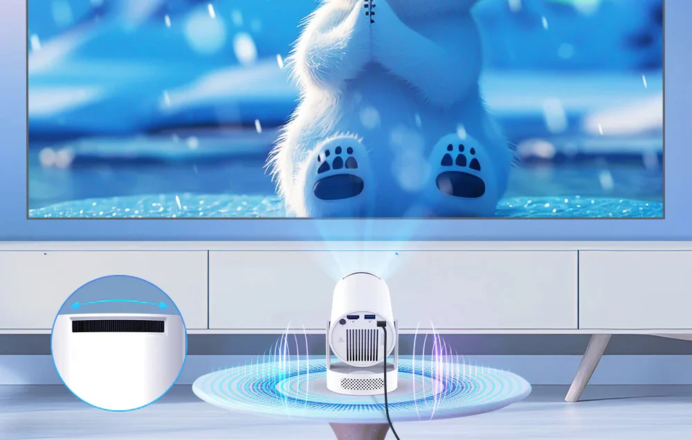 A rear view of a projector displaying a film featuring a white bear, with the focus knob highlighted and sound wave graphics around the base