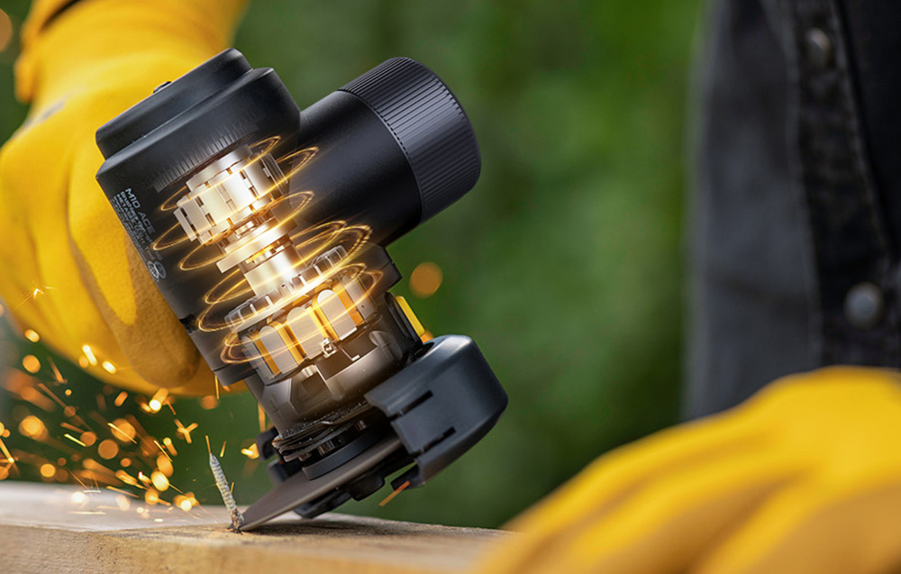 Inside of a cordless angle grinder during operation