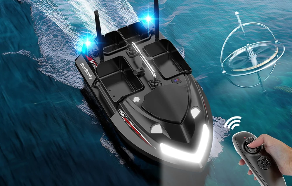 RC bait boat with LED remote control, in the background transparent sonar ball on the water, Wi-Fi symbol