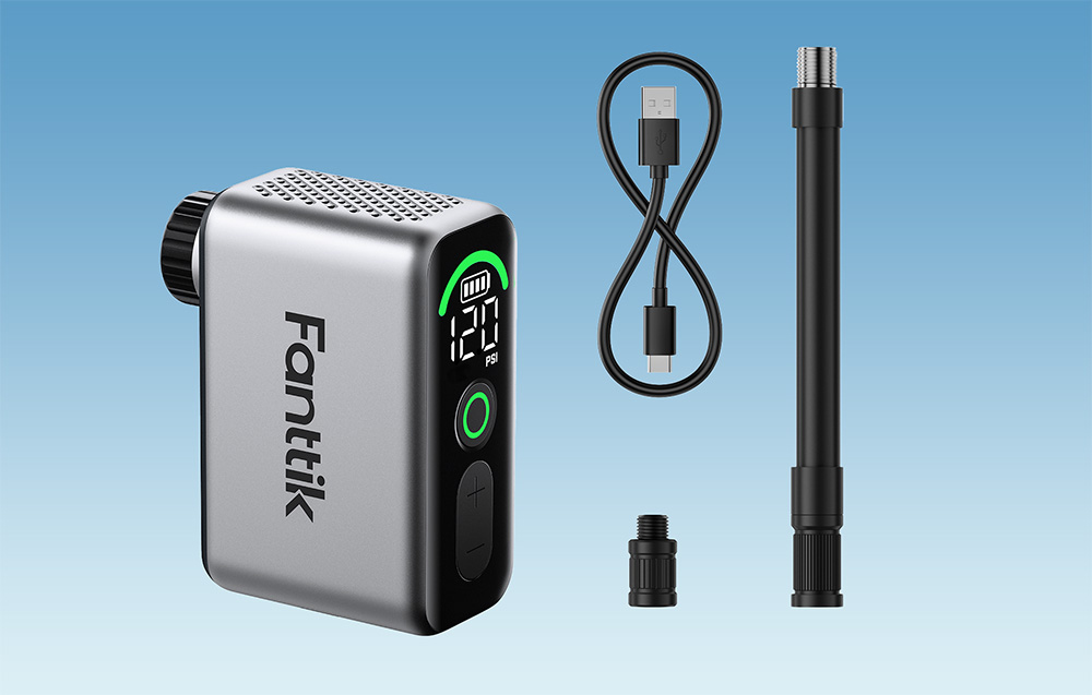 Fanttik mini bike pump and accessories on a blue background