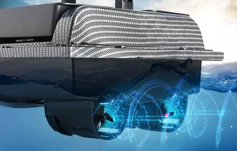 Close-up of the underside of the carbon bait boat with two propellers and blue water flow lines under the hull