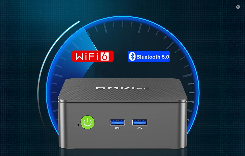 The front panel of the GMKtec Mini PC with a green power button and two USB ports, set against a background featuring WiFi 6 and Bluetooth 5.0 logos.