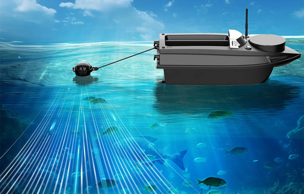 Graphic of a boat with a fish finder on turquoise water, showing an underwater sonar scan and fish