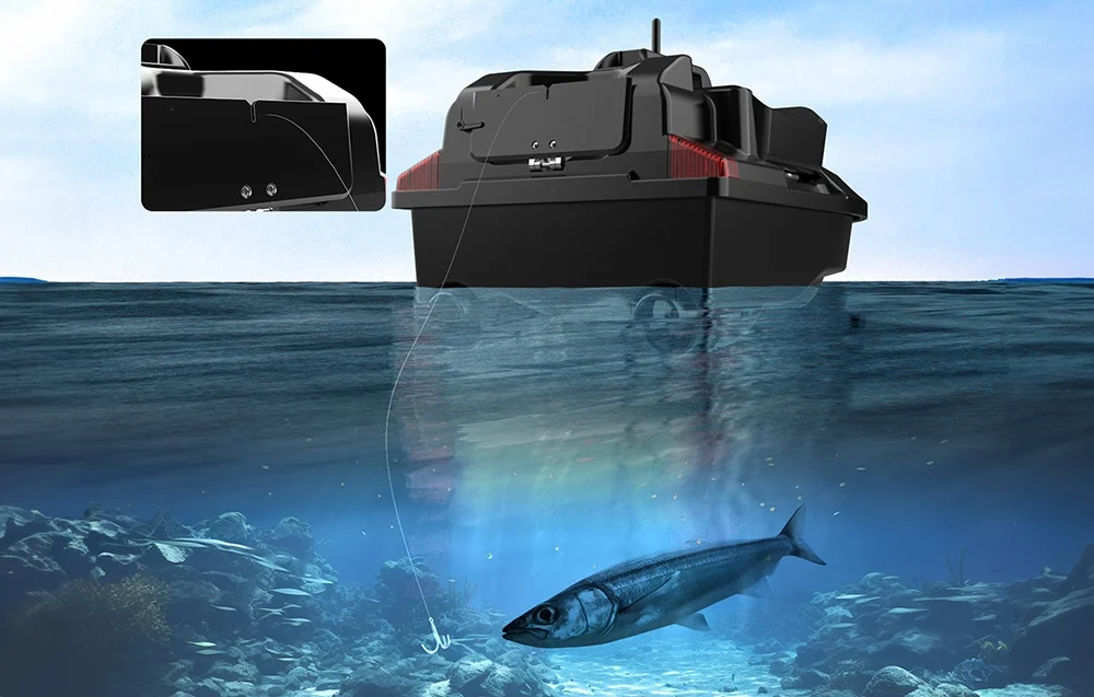 Bait boat on water with underwater view of fish and hook, close-up of rod socket in corner