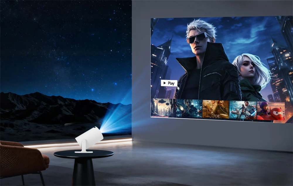 A projector placed on a table displays the interface of a streaming platform featuring characters from animated and sci-fi films on the wall