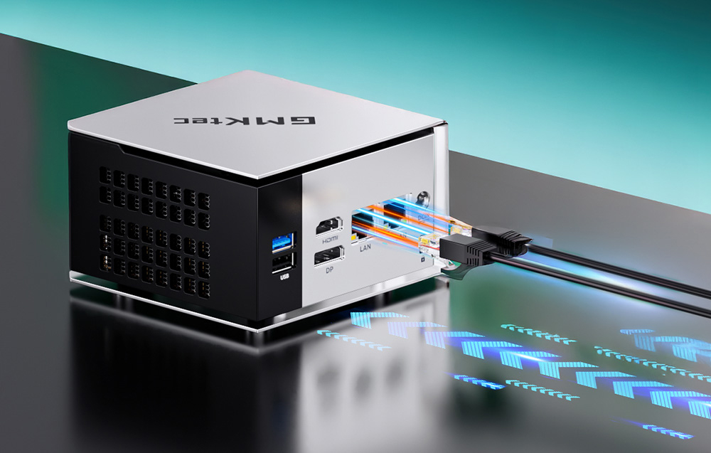 View of the rear of the device showing a rich set of ports: two LAN connectors with network cables plugged in, HDMI, and DisplayPort.