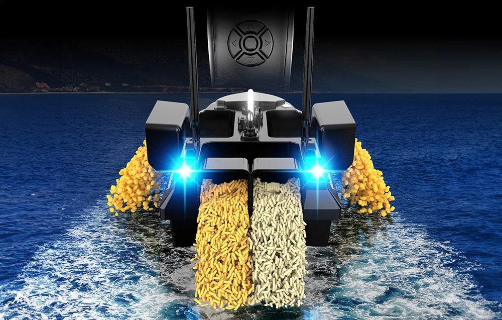 Bait boat from the back dumping two kinds of yellow and white pellets, blue LEDs on the sides