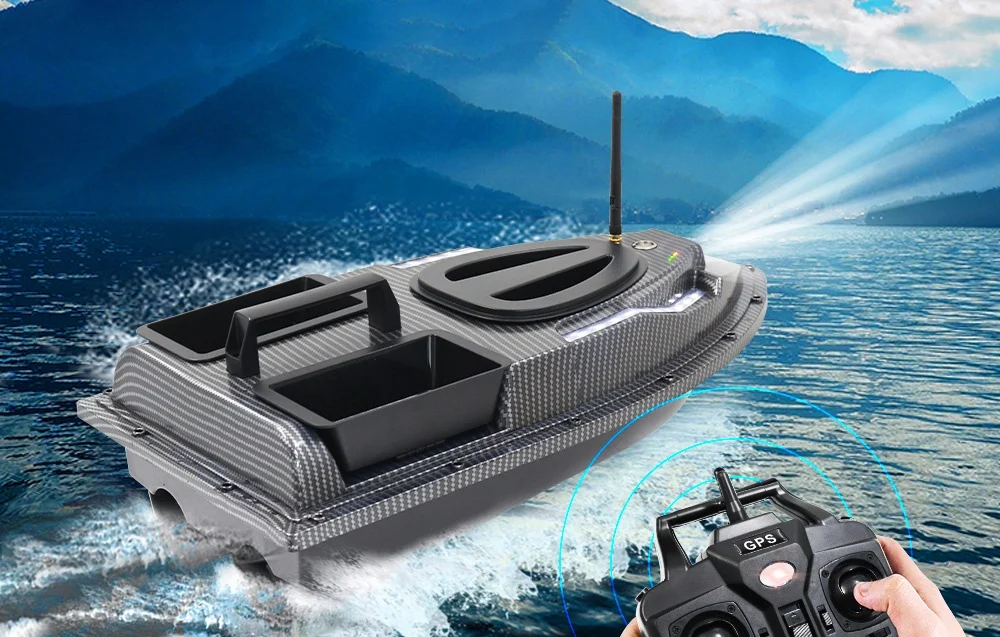 Carbon bait boat controlled by GPS remote control on a lake with mountains, blue signal circles around the remote control