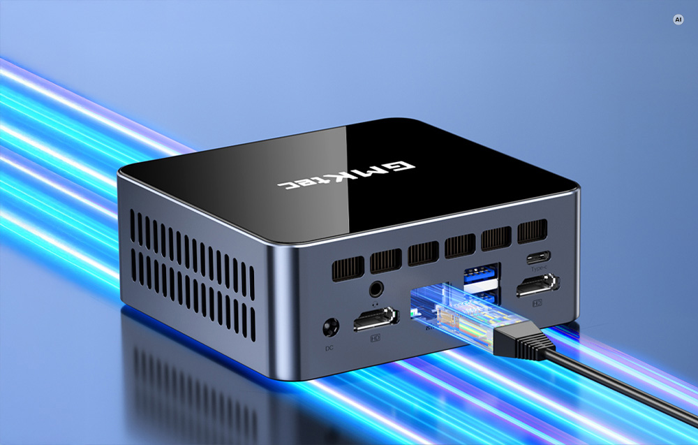 The rear panel of a GMKtec mini PC with an Ethernet cable connected and visible ports.